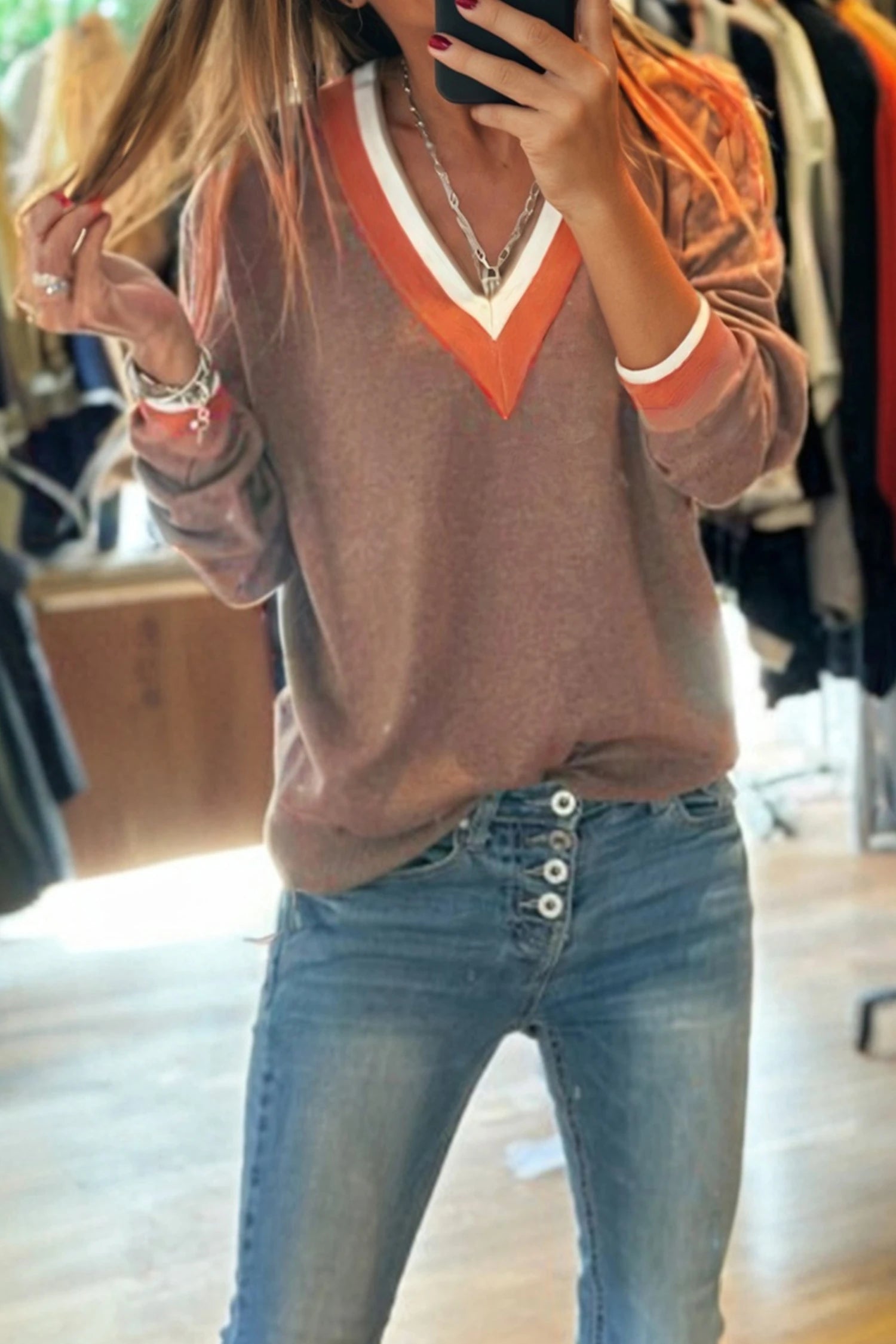 Contrast Striped Trim V Neck Varsity Sweater