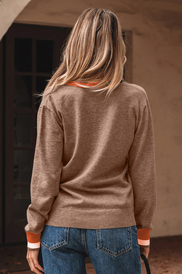 Contrast Striped Trim V Neck Varsity Sweater