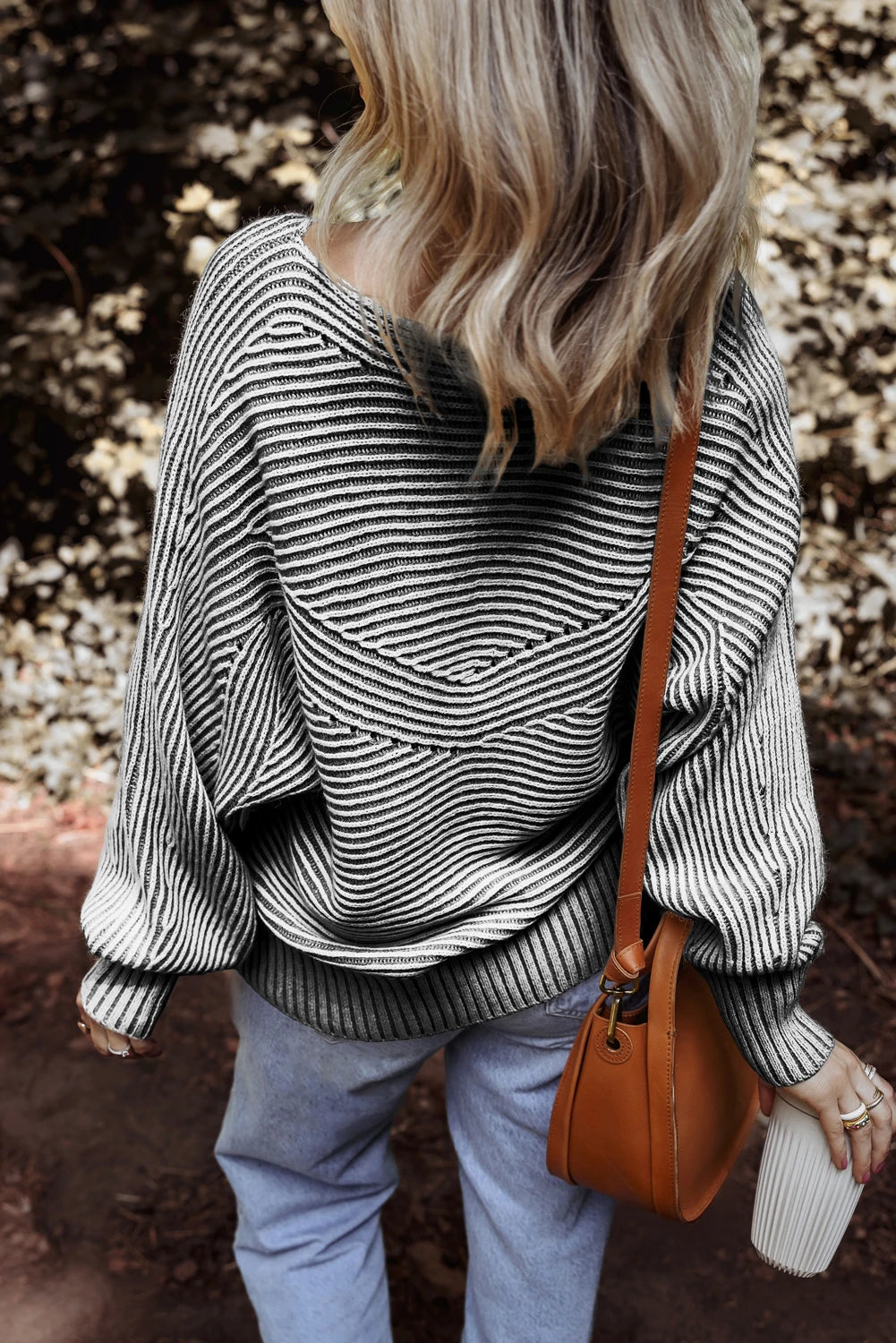 Striped Print Ribbed Knit Boat Neck Baggy Sweater