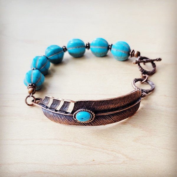 Blue Melon Turquoise Bracelet on Copper Feather