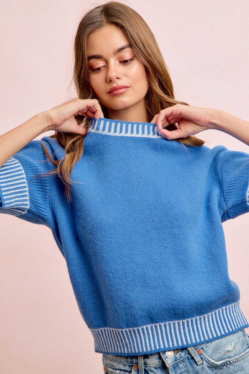 Solid Knit With Two Tone Detail Double Sleeves Top