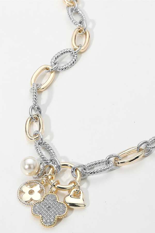 Gold Plated 2 Tone Clover Heart Charm Necklace