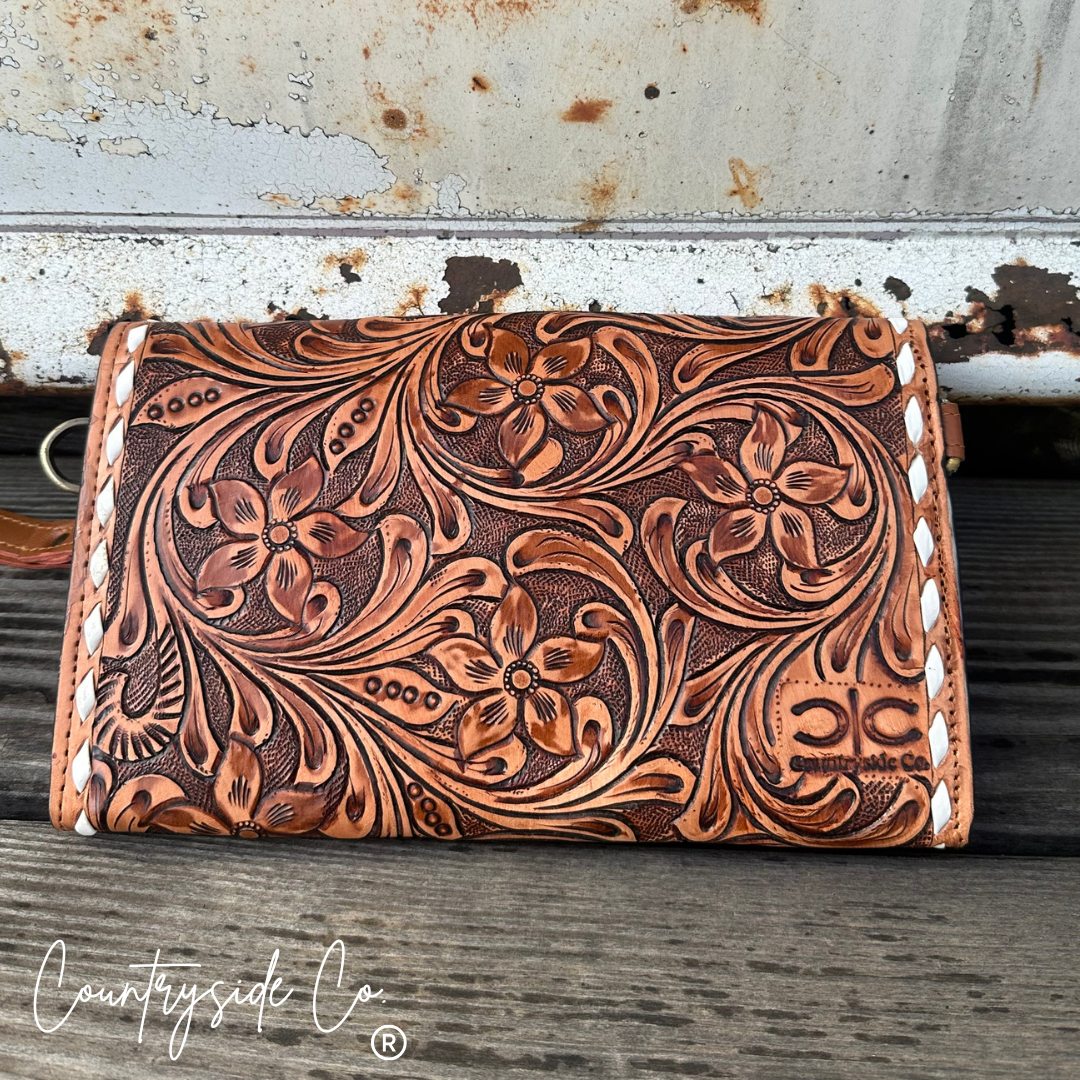 Stampede Double Horseshoe Tooled Leather Purse Crossbody