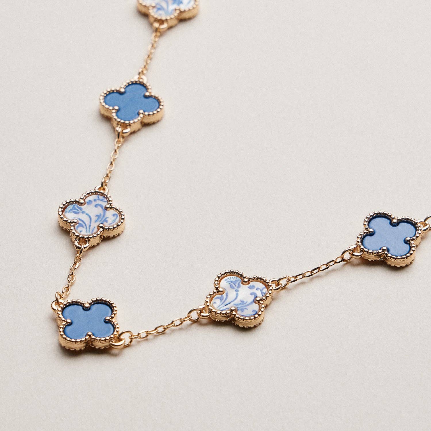 Blue Porcelain Clover Station Necklace | Floral Porcelain Metal Chain Jewelry
