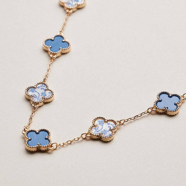 Blue Porcelain Clover Station Necklace | Floral Porcelain Metal Chain Jewelry