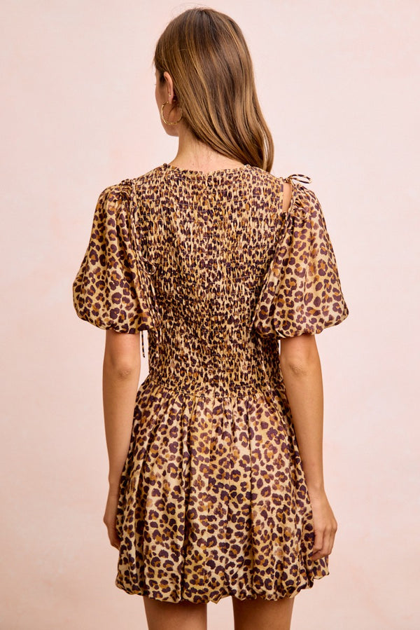 Leopard Bow Tie Attachable Puff Sleeves Dress