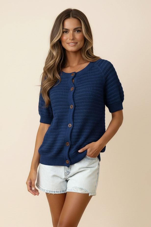 Raglan Short Sleeve Button Down Sweater Top