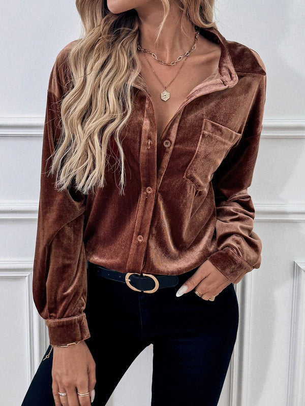 Solid Velvet Button-Up Lantern Sleeve Collared Blouse