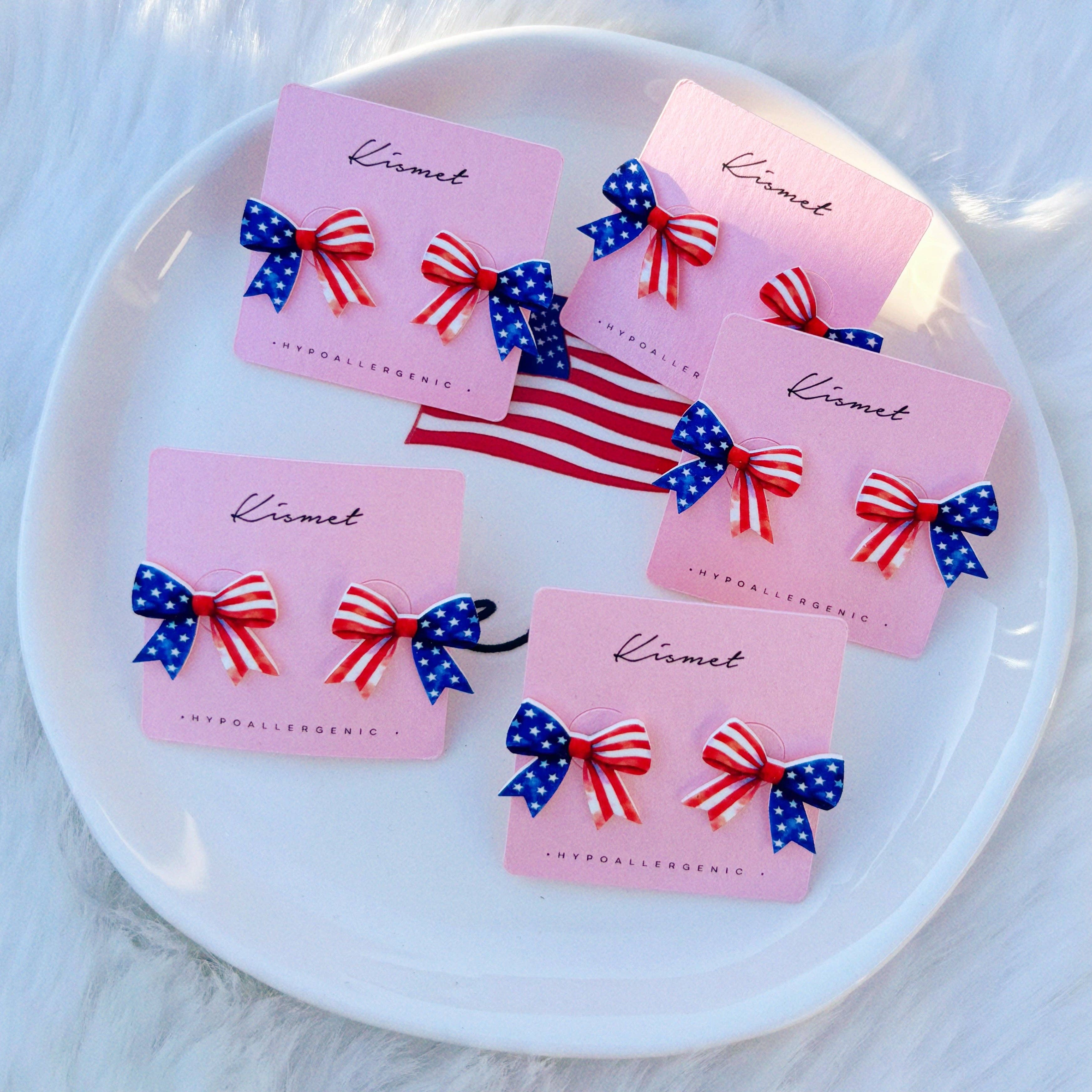 Patriotic Americana Bow Ribbon Studs