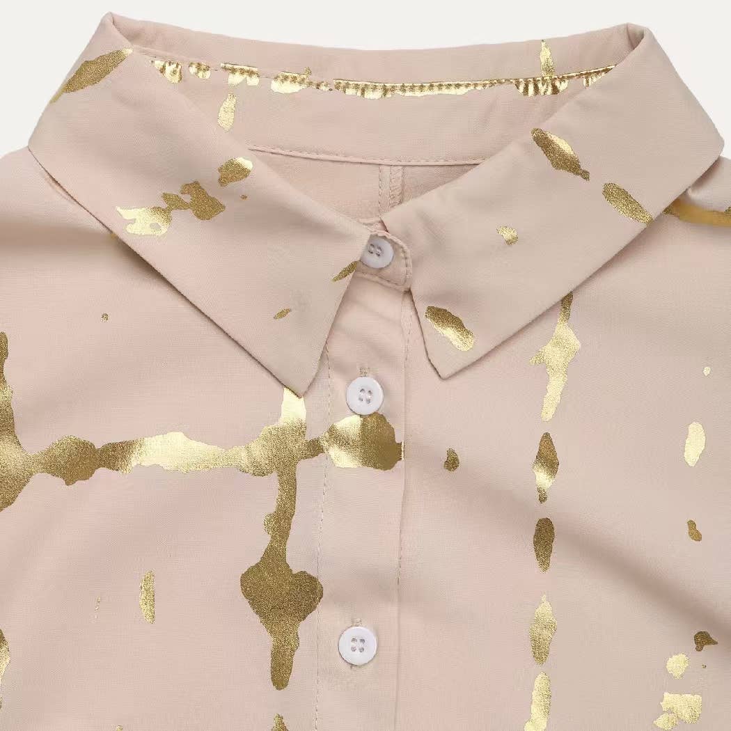 Light Khaki Metallic Gold Pattern Collared Button-Up Blouse