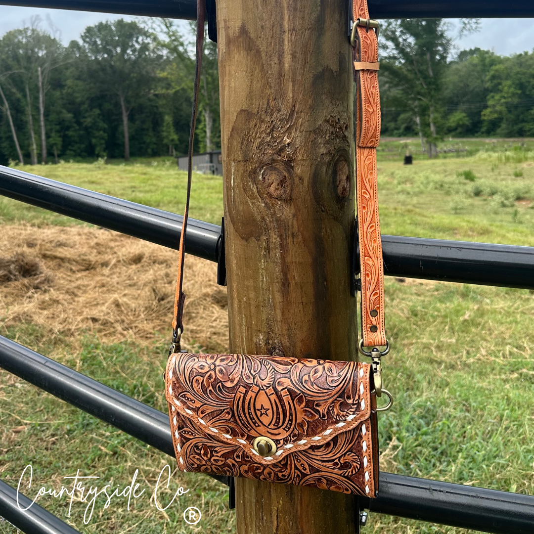 Stampede Double Horseshoe Tooled Leather Purse Crossbody