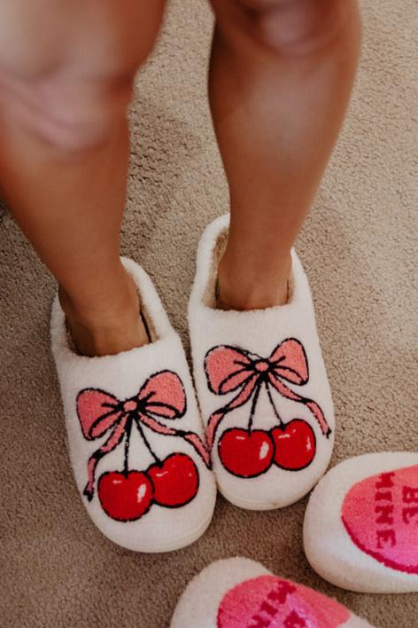 Cherry Bow Fuzzy Slippers