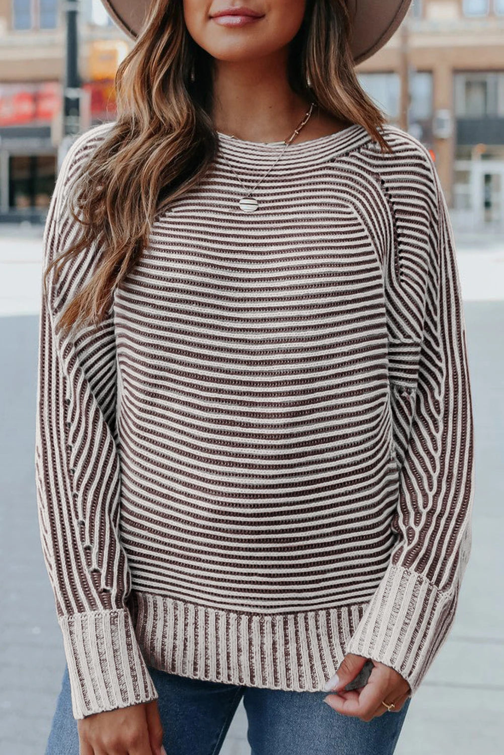 Striped Print Ribbed Knit Boat Neck Baggy Sweater