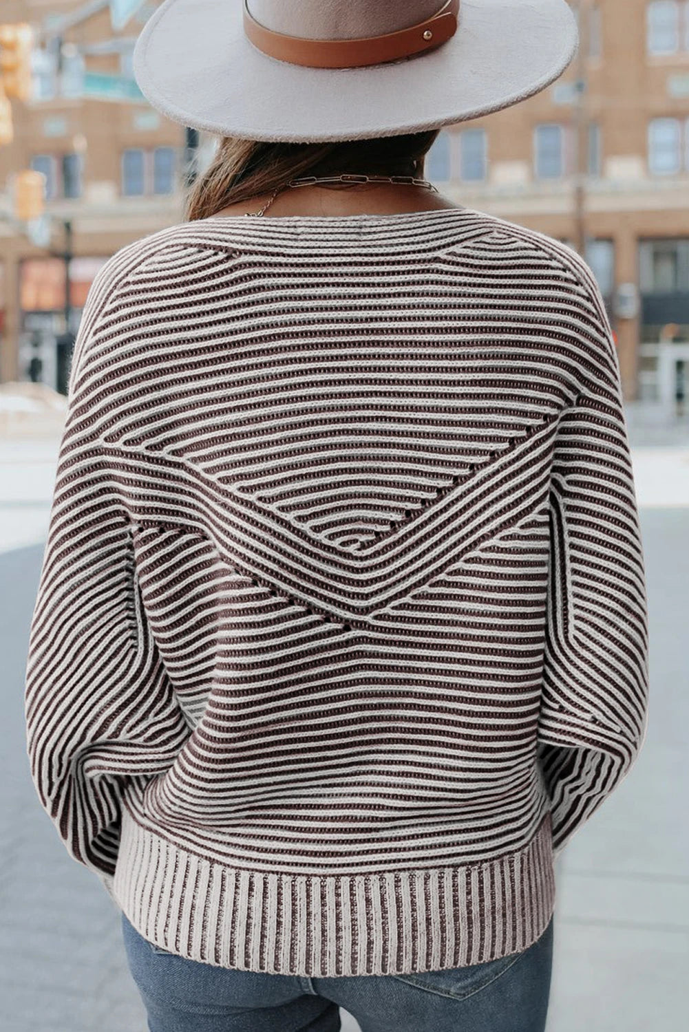Striped Print Ribbed Knit Boat Neck Baggy Sweater