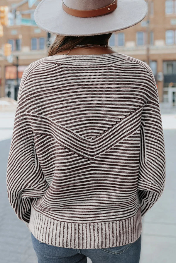 Striped Print Ribbed Knit Boat Neck Baggy Sweater
