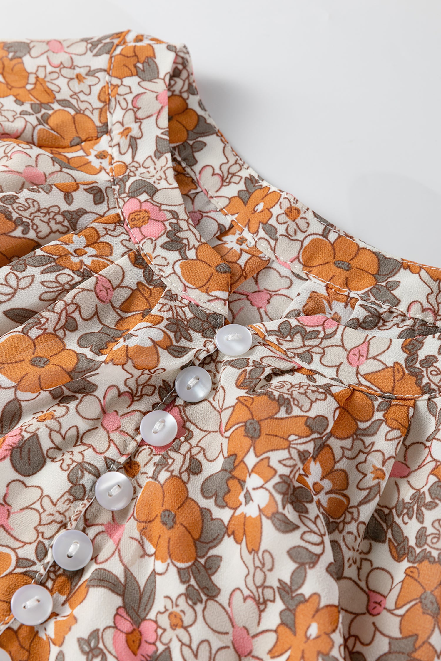 Orange Bohemian Floral Puff Sleeve Full Button Shirt