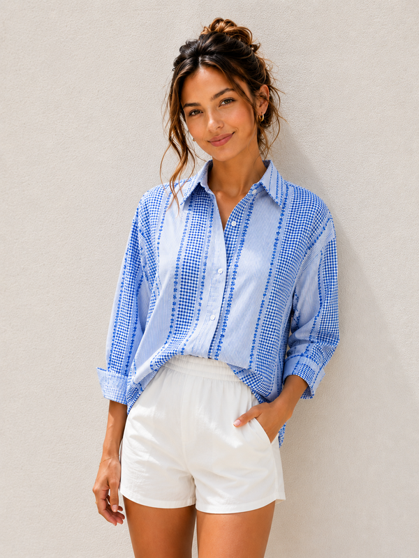 Blue Patchwork Stripe Button-Up Shirt