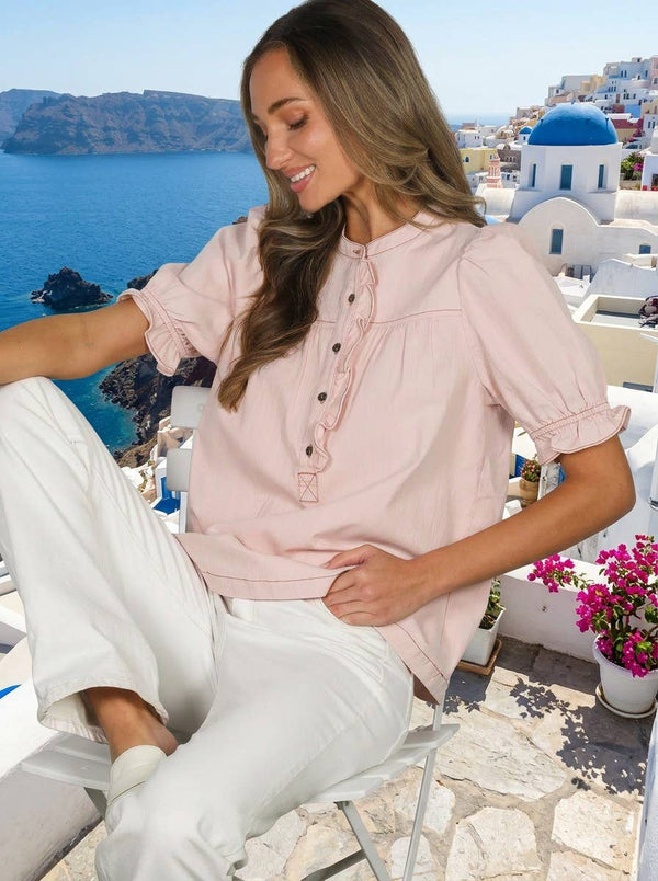 Ruffle Embellished Short Puff Sleeve Buttoned Shirt