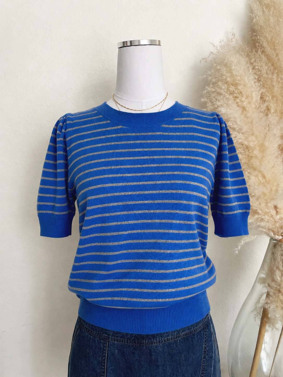 PUFF SHORTSLEEVE STRIPED SWEATER