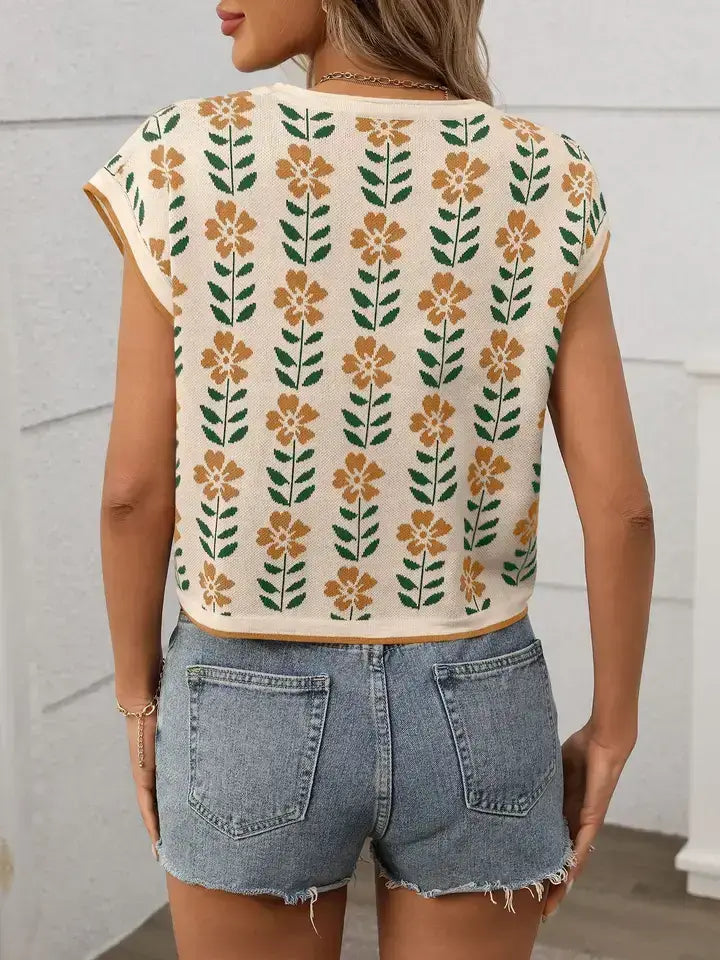 Floral Knit Cap Sleeve Top Women Boho Print Casual Vest