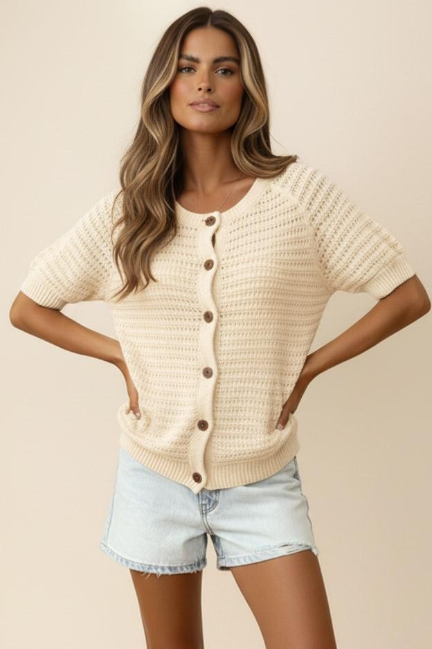 Raglan Short Sleeve Button Down Sweater Top