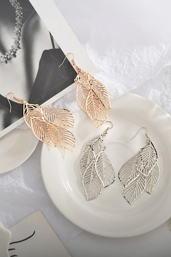 Hollow Out Leaves Plated Alloy Hook Earrings