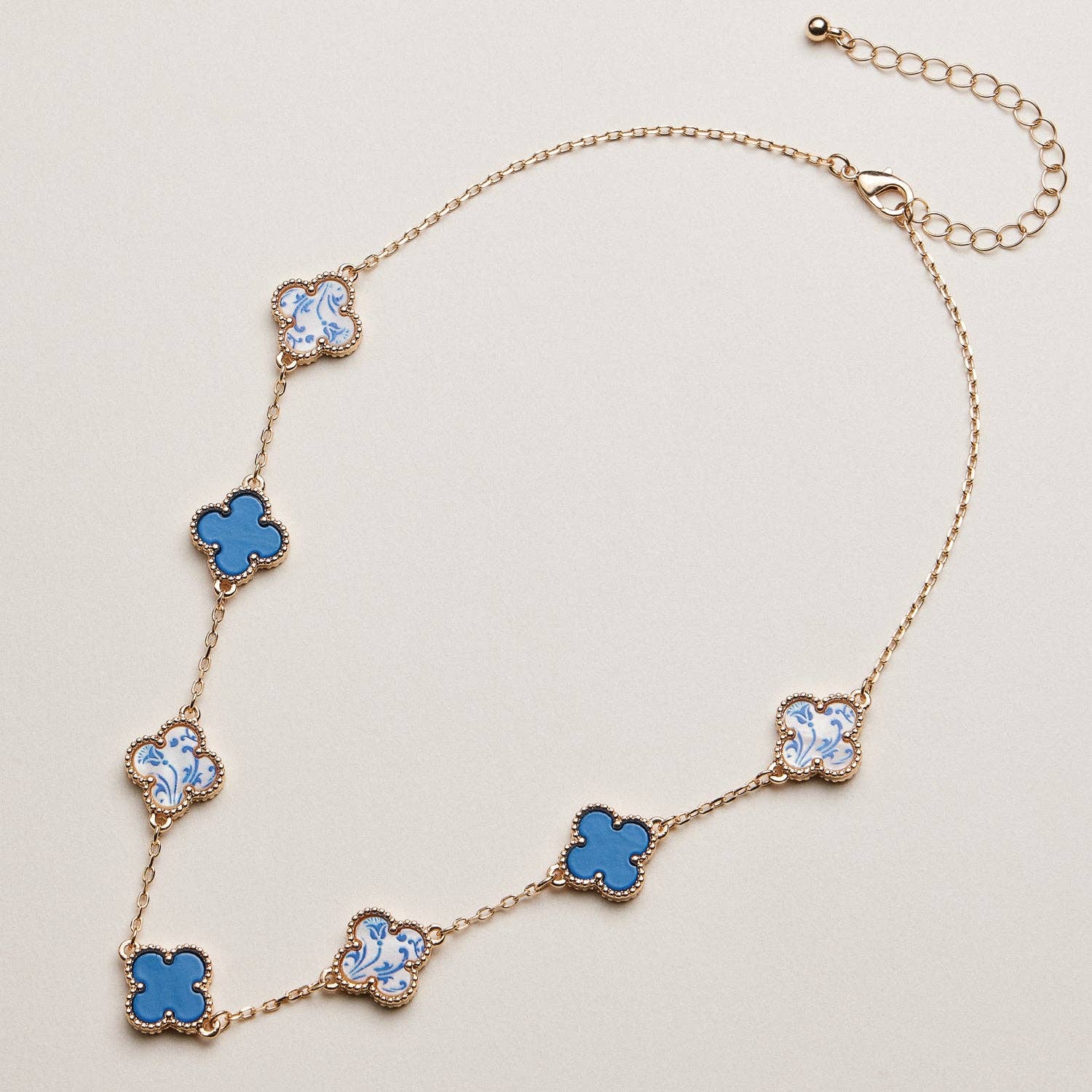 Blue Porcelain Clover Station Necklace | Floral Porcelain Metal Chain Jewelry