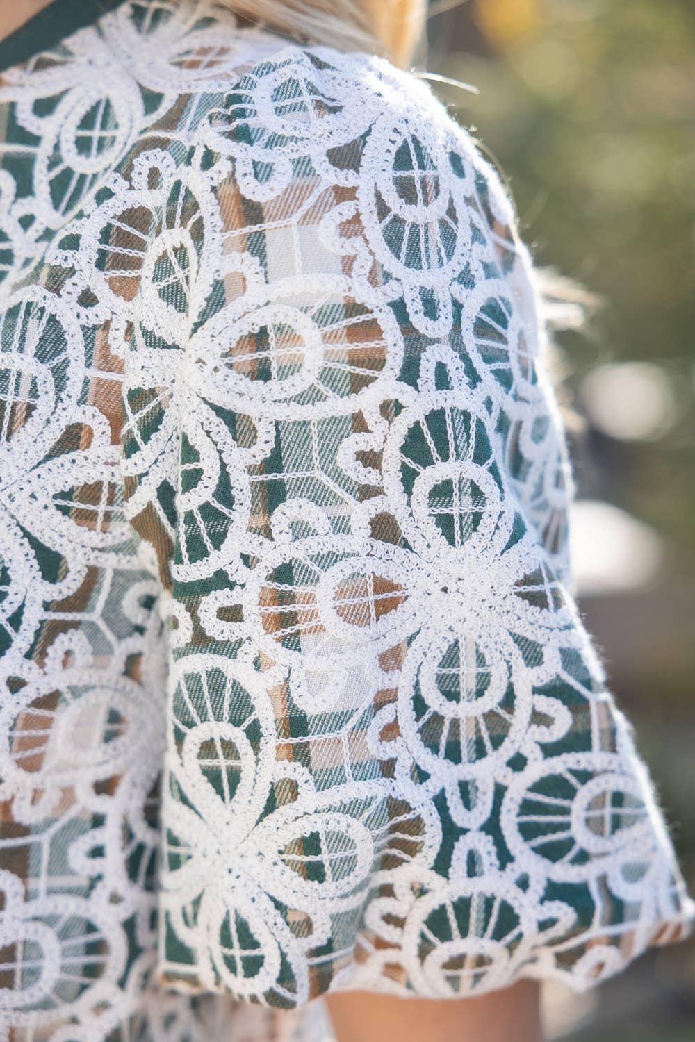 Floral Embroidered Plaid Bubble Sleeve Top