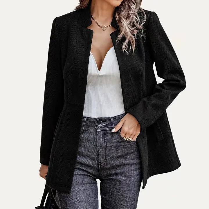 Striped Pattern Mock Neck Open Front Long Sleeve Blazer in Black