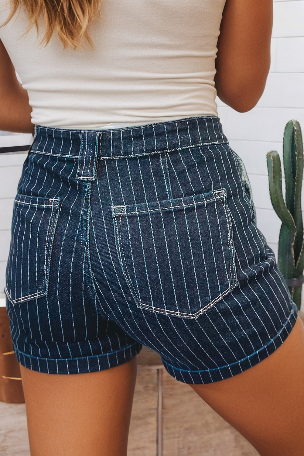 Stripe Metal Button Detail Denim Shorts