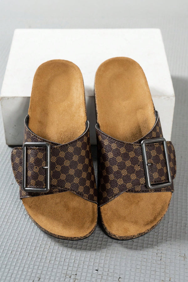 Color black Retro Geometric Print Buckle Strap Flat Slippers