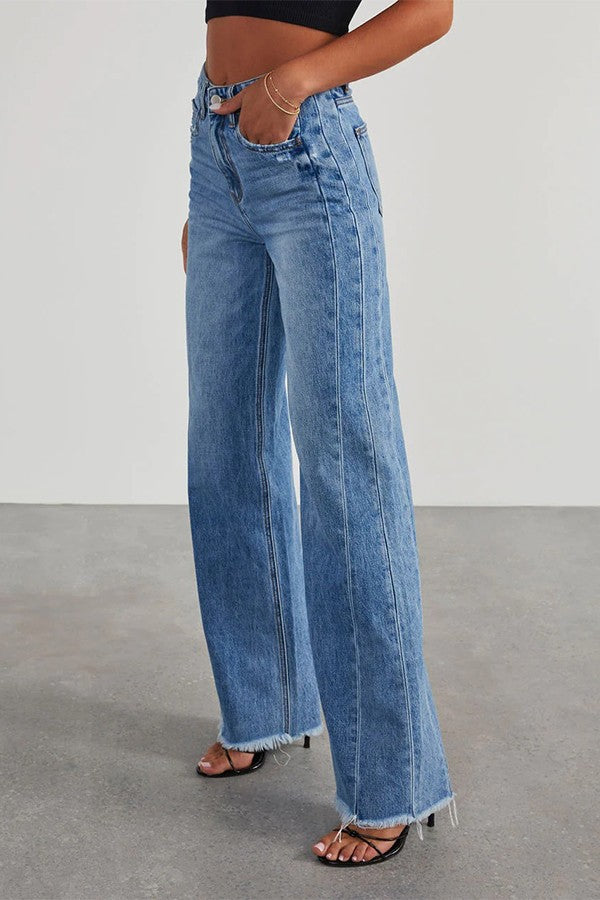 Wide Leg Side Seam Stitching Frayed Hem Jeans