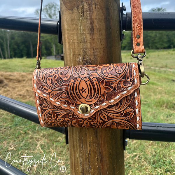 Stampede Double Horseshoe Tooled Leather Purse Crossbody