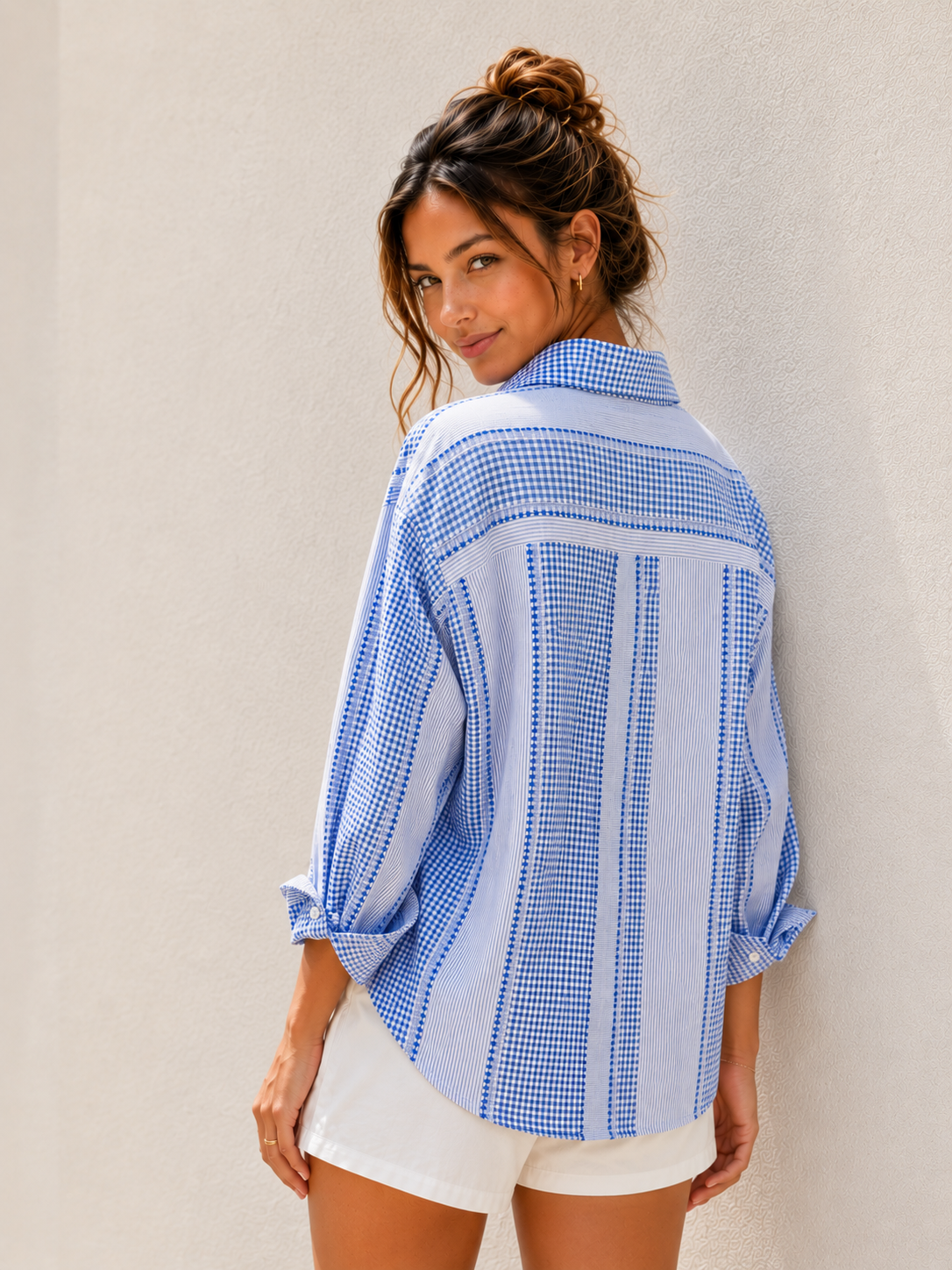 Blue Patchwork Stripe Button-Up Shirt