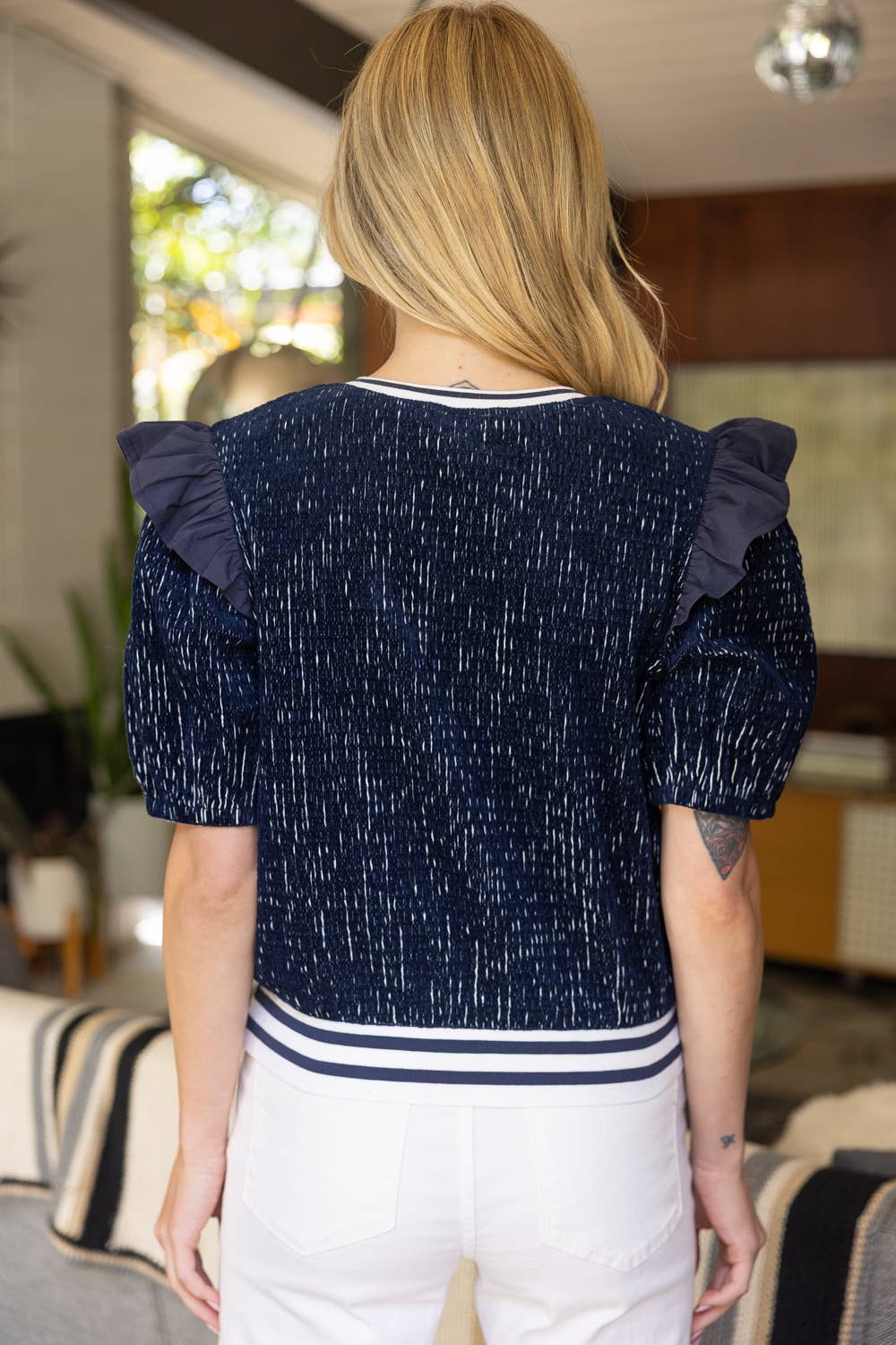 Shoulder Ruffle Striped Band Detailed Textured Knit Top