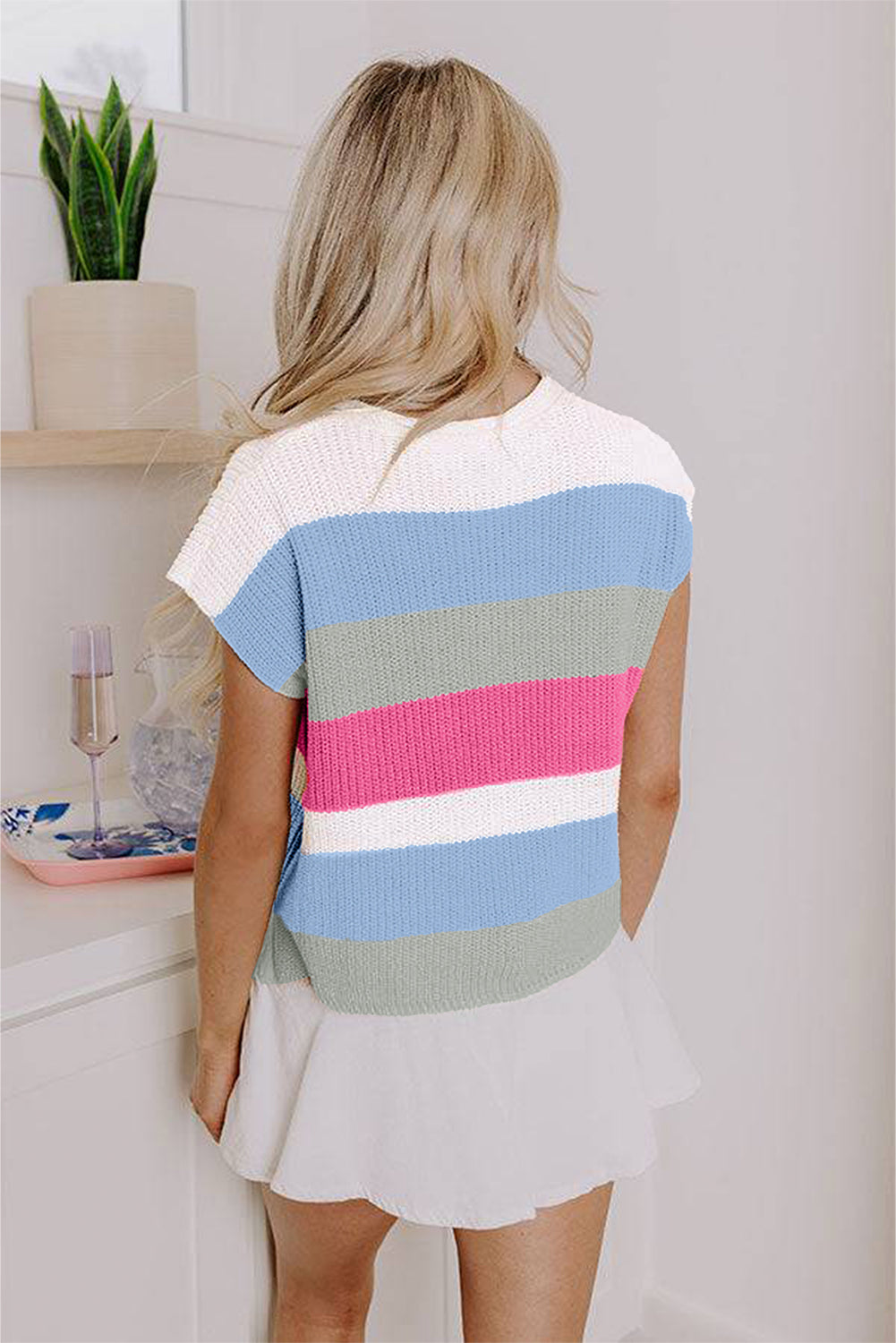 Light Blue Color Block Notch V Neck Sweater T Shirt