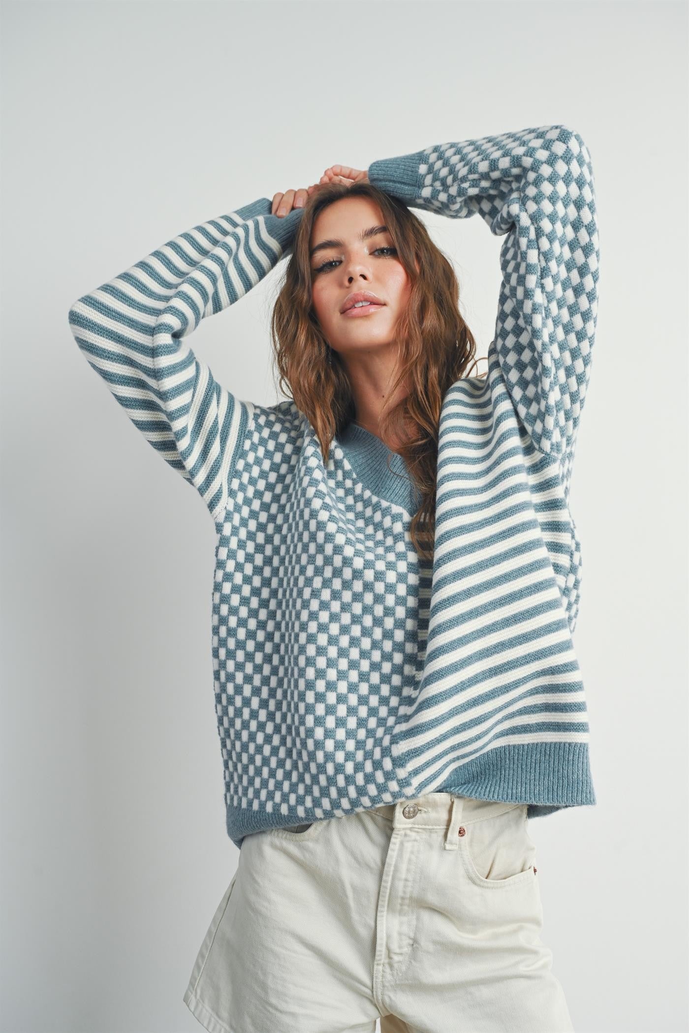 Checker Pattern Sweaters Frenchy Checker Pattern Drop Shoulder Sweater – Refined Rebel