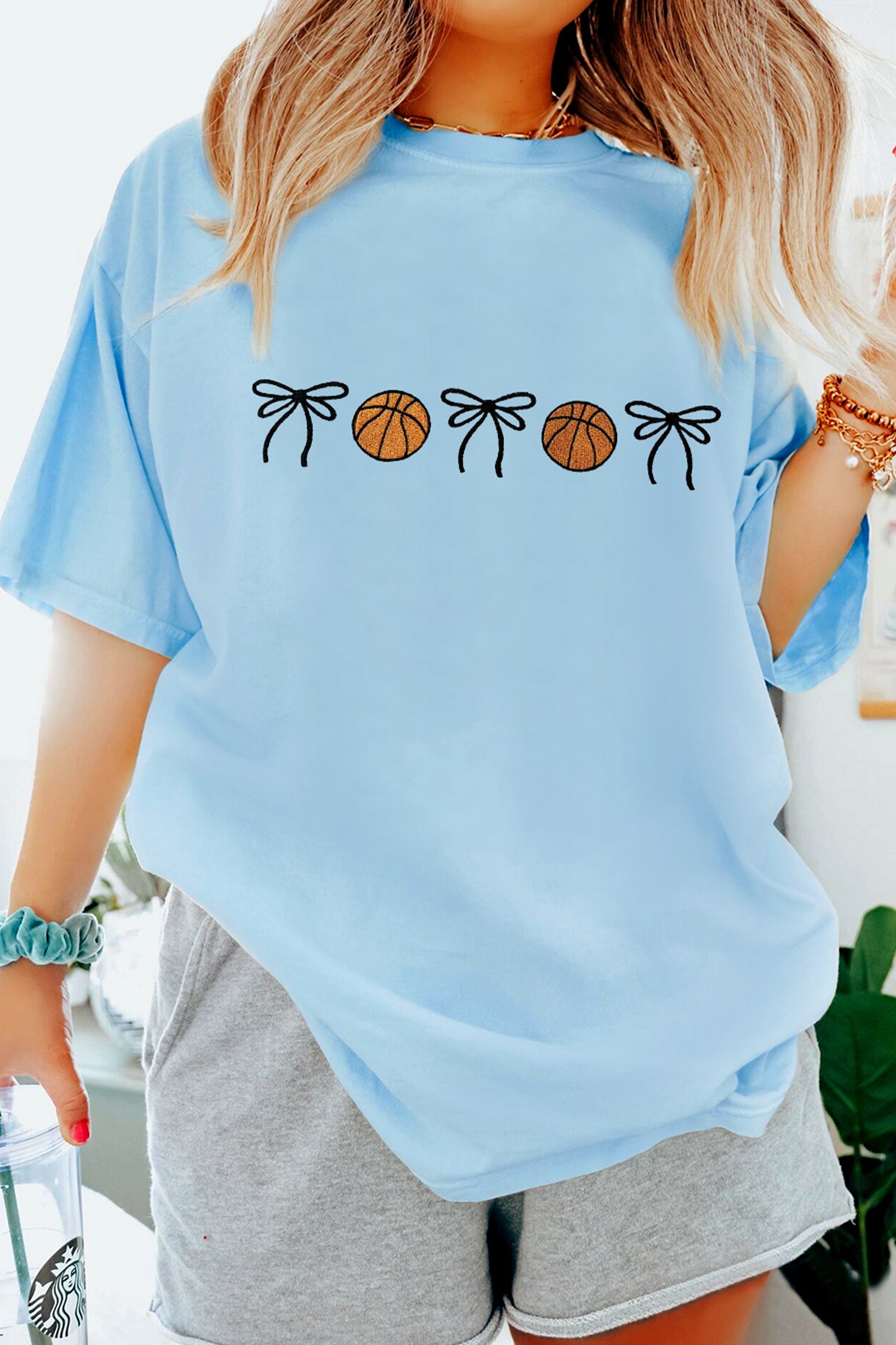 Light Blue Basketball Bow Embroidered Womens T Shirt