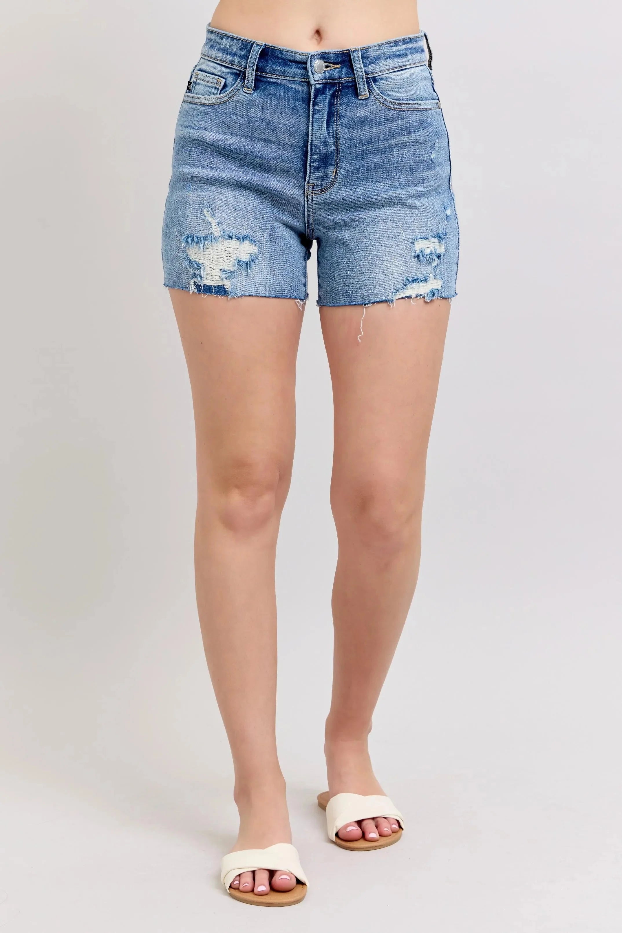 Judy Blue Full Size High Waist Denim Shorts W/stitch Over Destroy