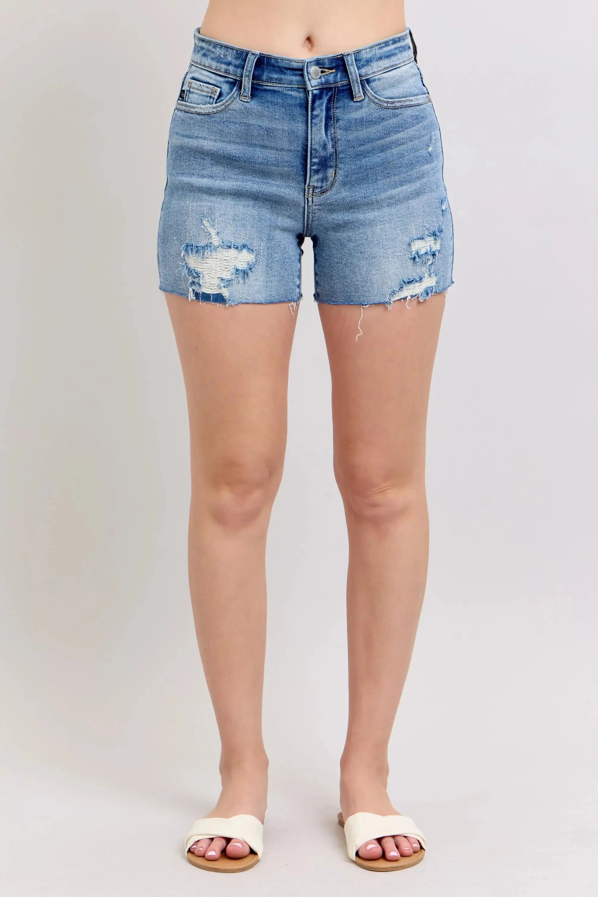 Judy Blue Full Size High Waist Denim Shorts W/stitch Over Destroy