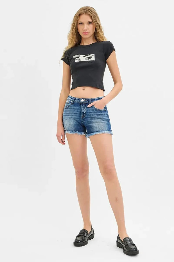 RISEN Full Size Low Rise Frayed Denim Shorts