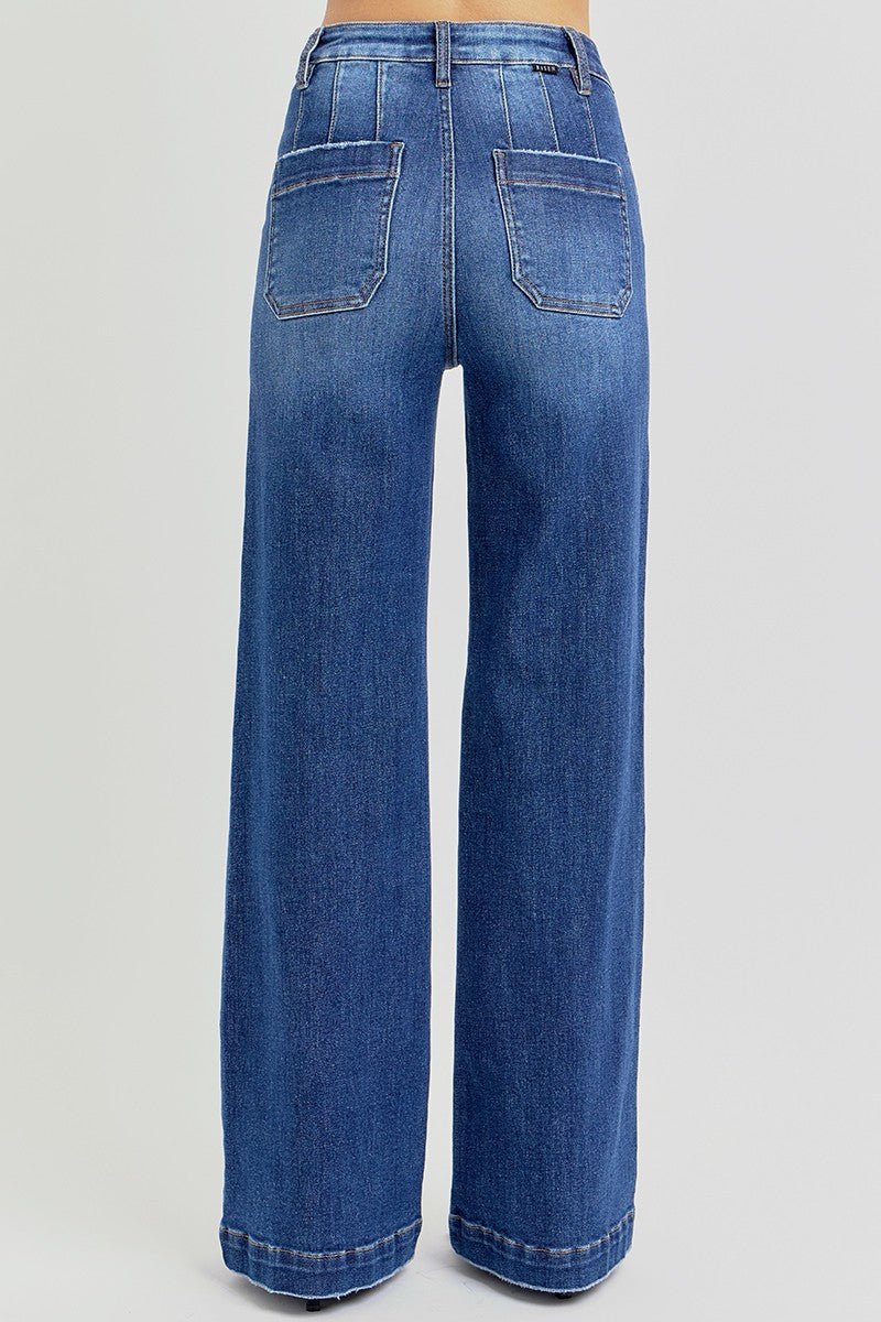 Risen High Rise Wide Leg Slanted Pocket Jeans
