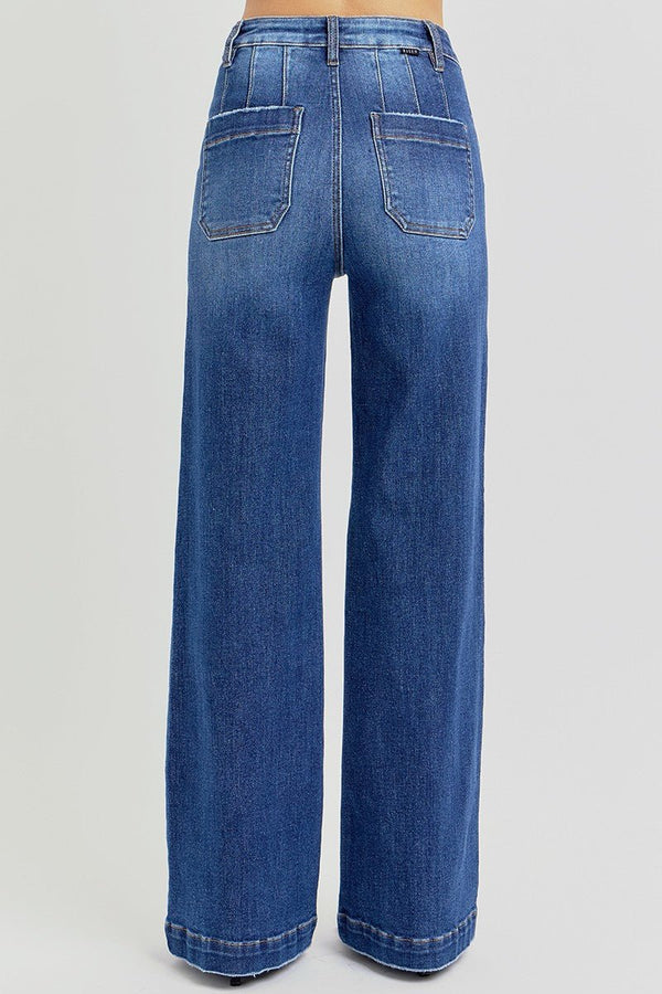 Risen High Rise Wide Leg Slanted Pocket Jeans