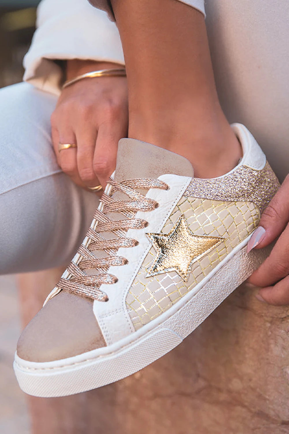 Glitter Star Patchwork Leather Lace-up Sneakers