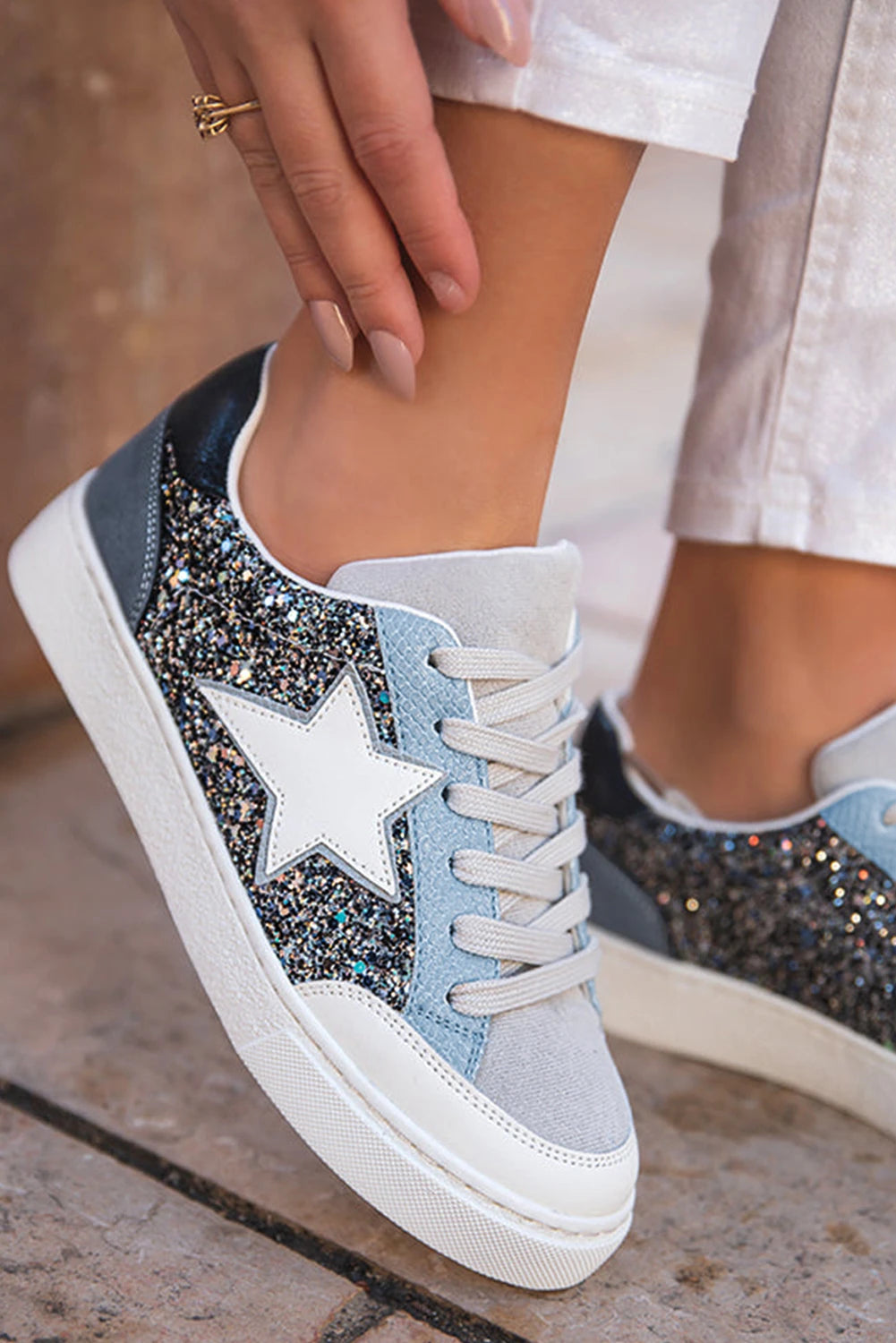 Glitter Star Patchwork Leather Lace-up Sneakers