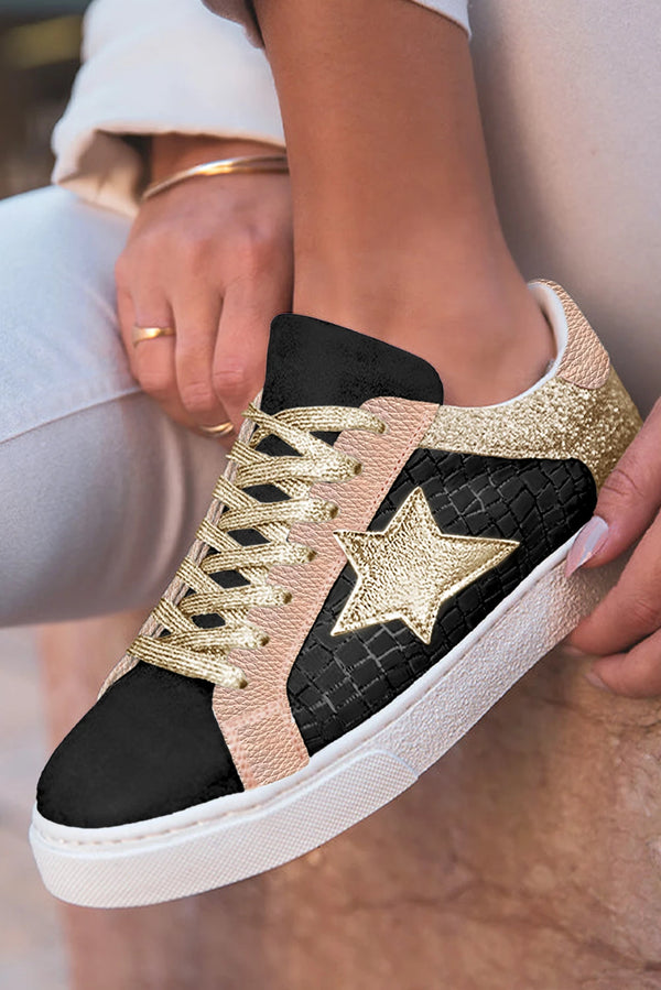 Glitter Star Patchwork Leather Lace-up Sneakers