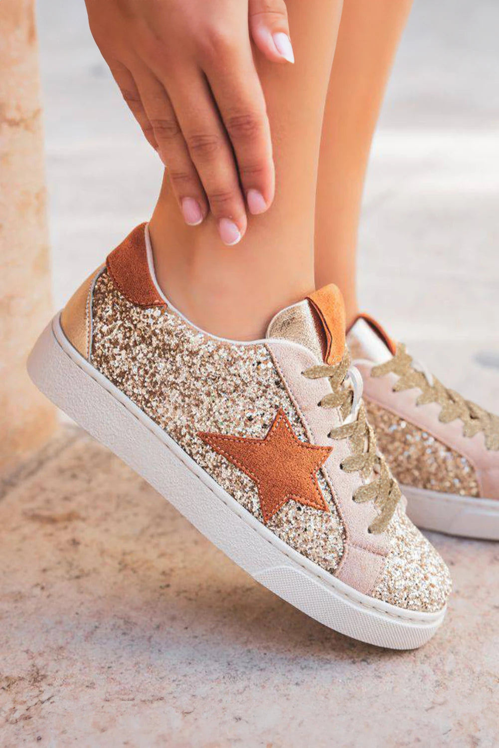 Star Patchwork Sequined Lace-up Sneakers