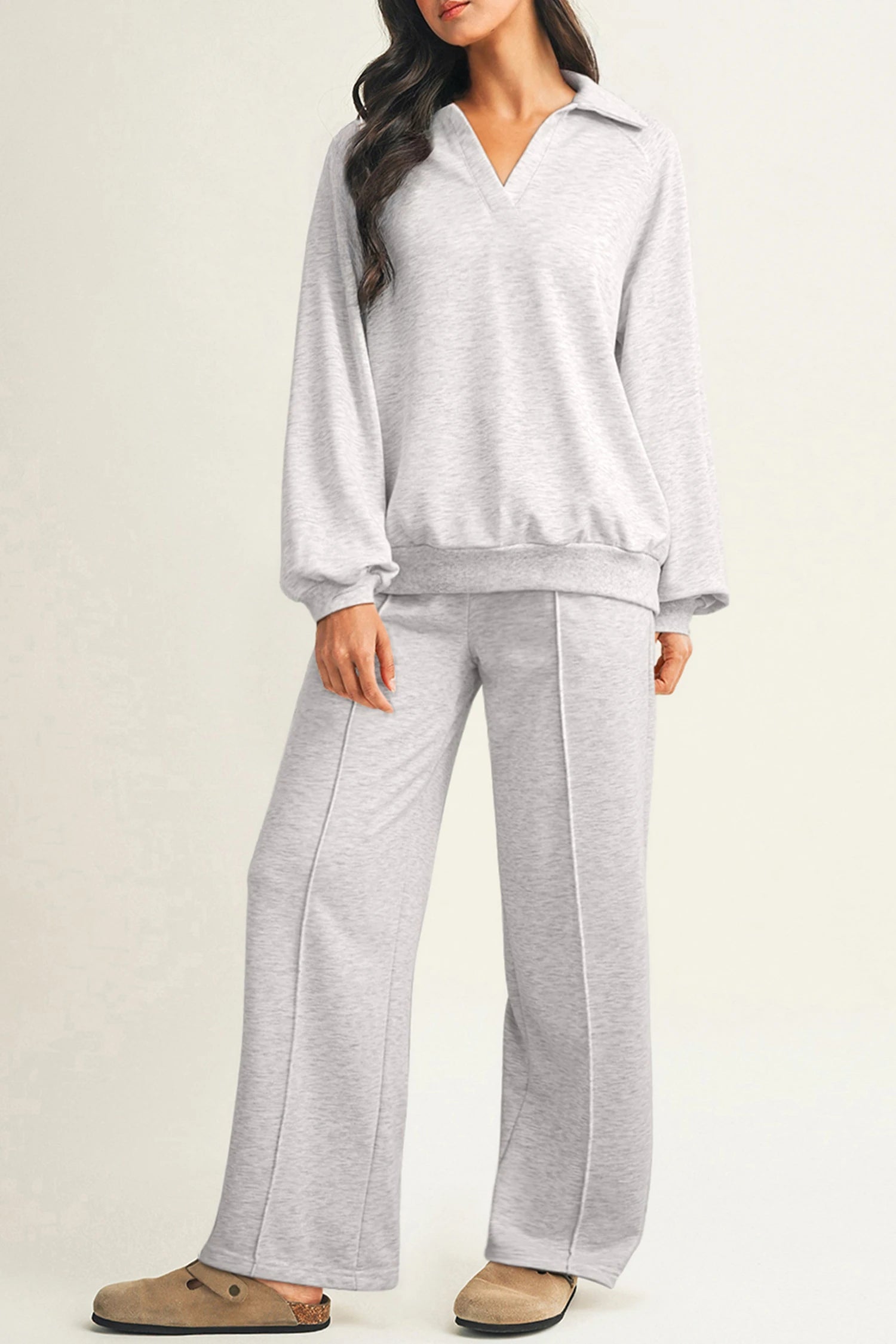 Polo Collar V Neck Pullover and Drawstring Sweatpants Set