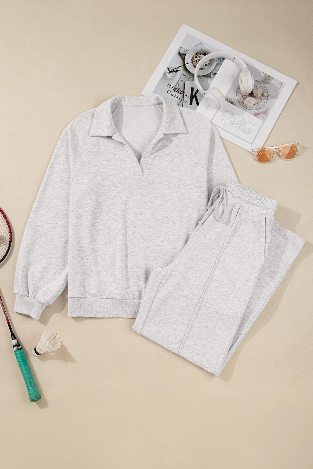 Polo Collar V Neck Pullover and Drawstring Sweatpants Set